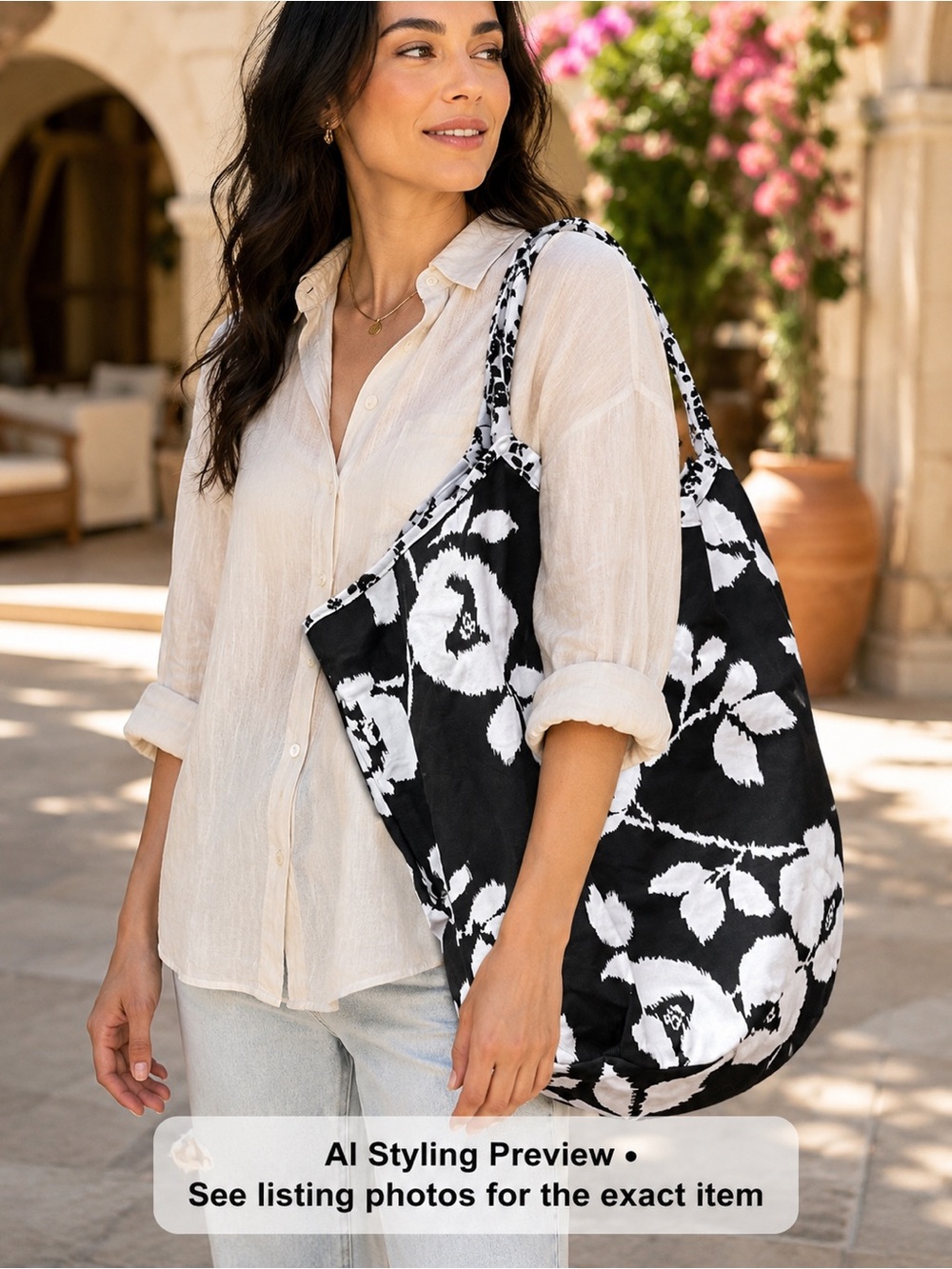 Echo Reversible Floral Canvas Tote Bag Black White Large Beach Travel Shopper